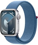 Apple Watch Series 9, 41 мм, корпус из алюминия серебристого цвета, спортивный ремешок цвета «ледяной синий»